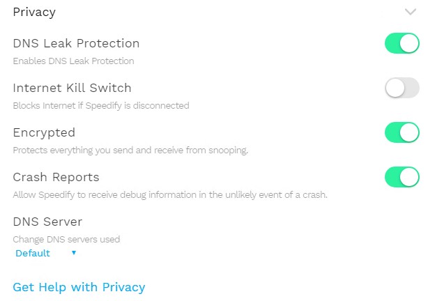 Speedify VPN Privacy Settings